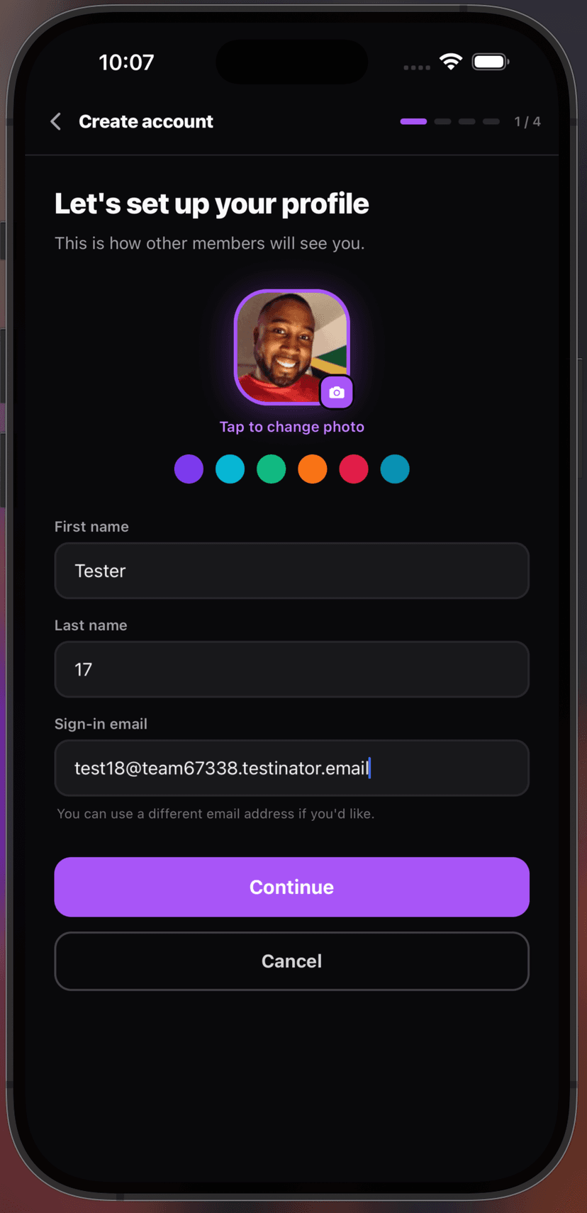 Member profile creation screen